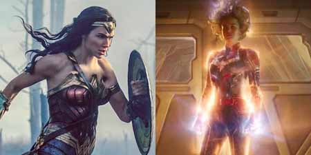 Side by side image of Wonder Woman holding her shield and Captain Marvel in full power.